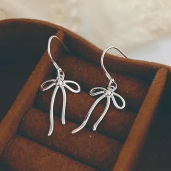 Delicate Silver Bow Dangle Stud Earrings - Picture 3 of 6